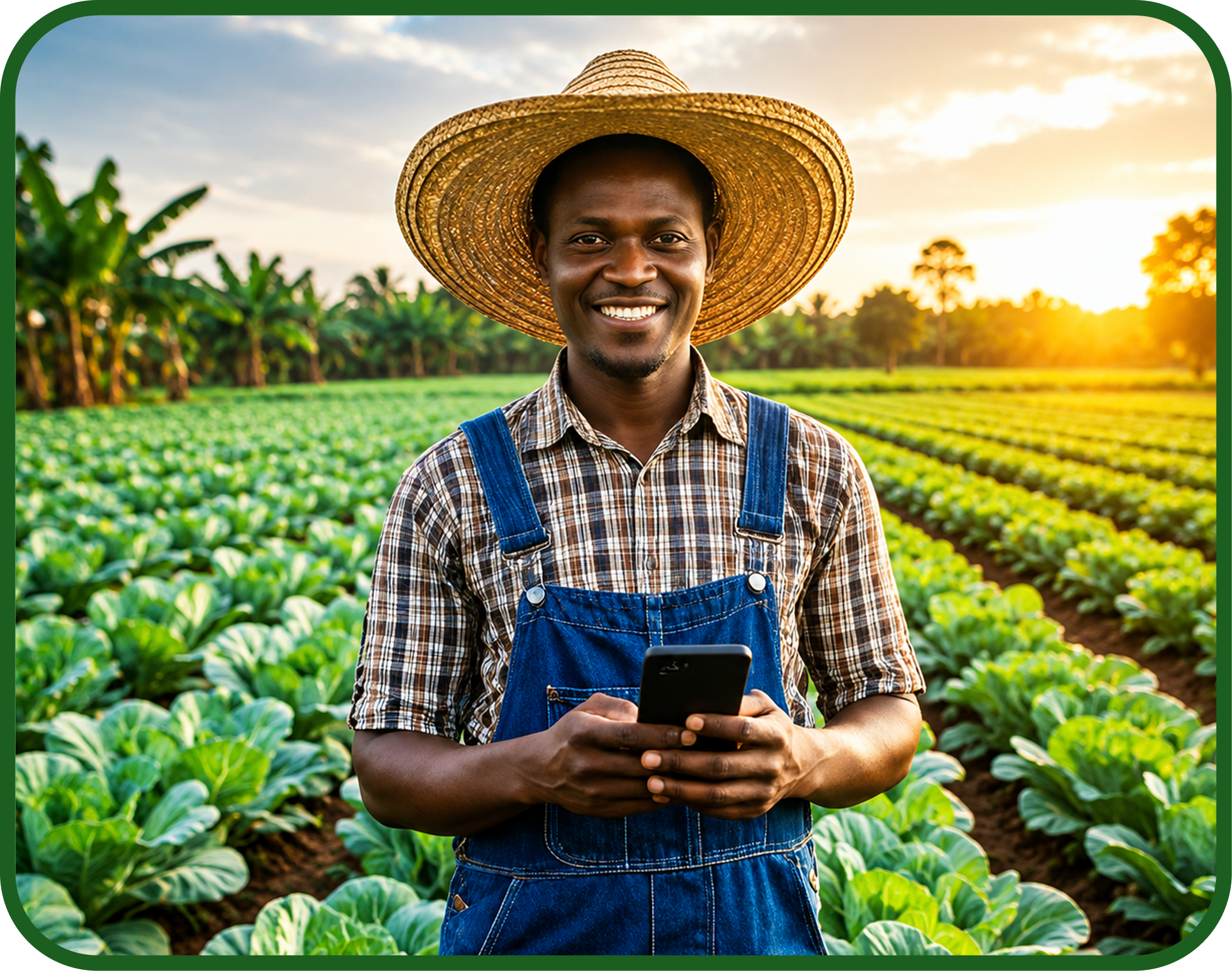 Happy Nigerian farmer standing in a lush cabbage field holding a smartphone