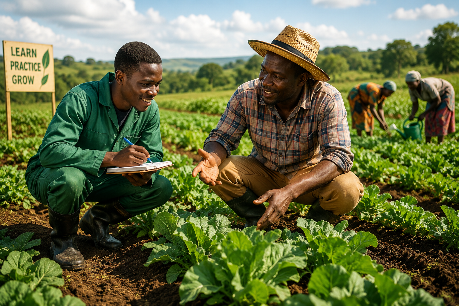 Farmers interacting in a lush field